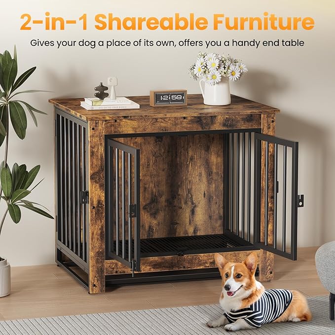 Dog Crate Furniture, 29 Inch Indoor Dog Kennel for Small Dogs Up to 30 LBS, Heavy Duty Wooden Pet Cage End Table with 3 Doors, Alloy Steel Frame & Removable Tray