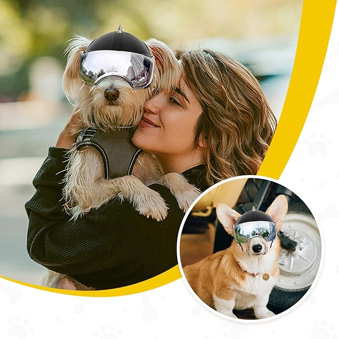 PETLESO Dog Helmet with Anti-UV Silver Goggles, Small Dog Motorcycle Helmet with Ear Holes, Drop-Down Biking Helmet, Adjustable Hat for Small Dogs Heads Protection with Rivets, Silver Lens