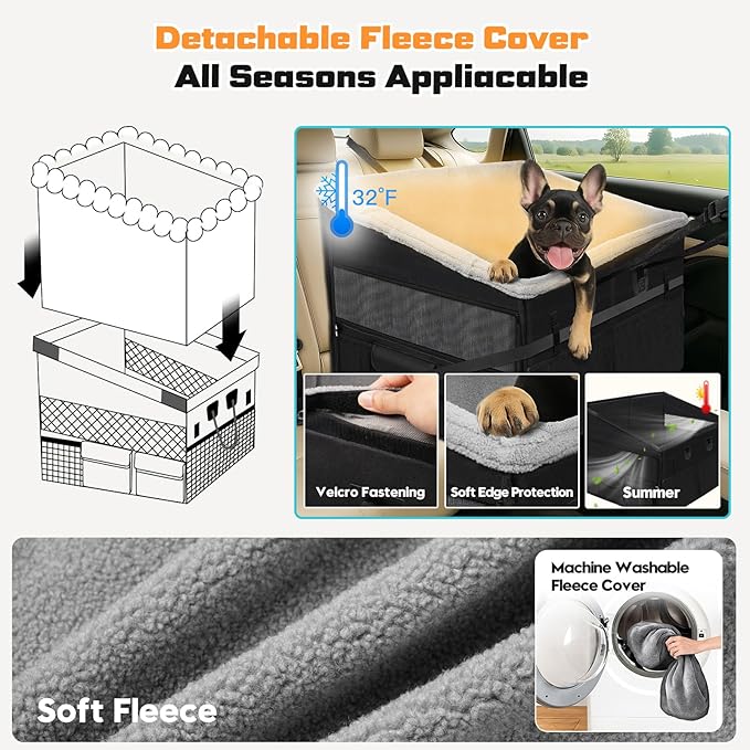 Large Dog Car Seat with Detachable Fleece Cover Summer & Winter | Backseat | Dog Car Seats for 2-3 Small | Medium | Large Dogs | Mesh Windows | Storage Pockets | Travel