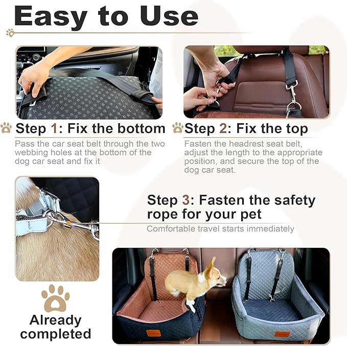 Car Dog Seat with 2 Safety Leashes,Dog Booster Seat for Small Medium Dogs 0-28lbs,Pet Car Travel Safety Bed with Storage Pockets,Non-Slip Bottom,Fully Detachable and Easy to Install(S1-Grey)