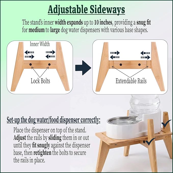 Dog Water/Food Dispenser Stand for Large Dogs - Use to Raise Dog Water and Food Bowl Feeder Dispensers - Adaptable Size Fits Various Sizes and Shapes - Slanted Feet Resist Tip-Over - Bamboo
