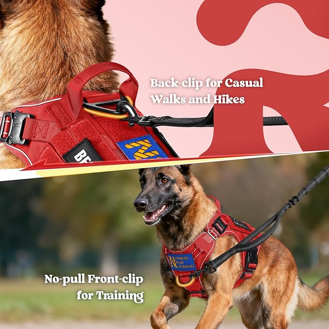 rabbitgoo Tactical Dog Harness for Large Dogs, No Pull Upgraded Reflective Heavy Duty Molle Vest with Handle, Adjustable Military Service Dog Vest for Walking Hiking Training, Red, XL