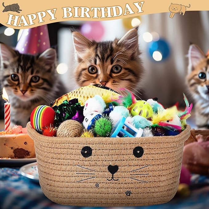 Zopeal 58 Pcs Cat Storage Basket Gift Toys Set, Colorful Flashing Balls Pet Bell Crinkle Balls Spring Toys Attract Cat to Swat, Hunt, Interactive for Pet(Khaki,9.8 Inch)