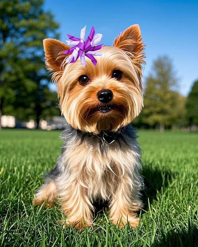PET SHOW 20 Pack/10 Pairs Purple Curly Dog Hair Bows with Rubber Bands for Small Medium Dogs Girl Boy Spiral Puppy Swirl Topknot Cat Holiday Hair Accessories Pet Favor Gift(Purple)