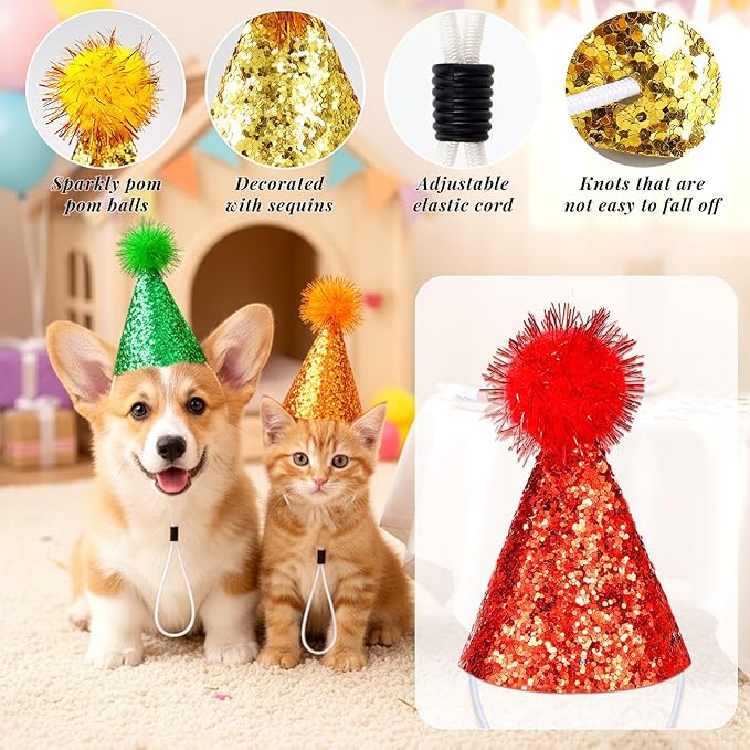 Mini Party Hats, 10Pcs Small Birthday Hats with Sequins for Stuffed Animals, Glittery Cone Party Hats with Pom-Pom Top for Dogs Cats Puppies Kittens, Colorful Festive Birthday hat for Pet Celebrations