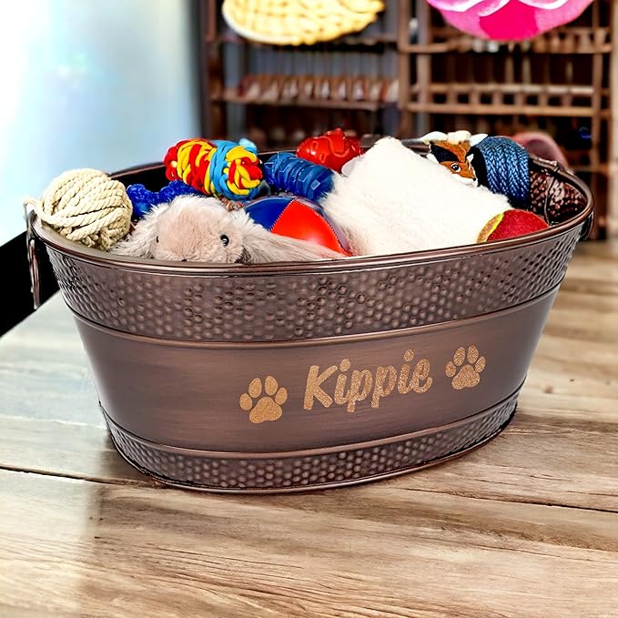 BREKX Personalized Metal Dog Toy Bin - Copper Galvanized Storage Bin with Handles, Basket for Pet Toys, Dog Toy Box, Pet Storage - Custom Dog Name Gift