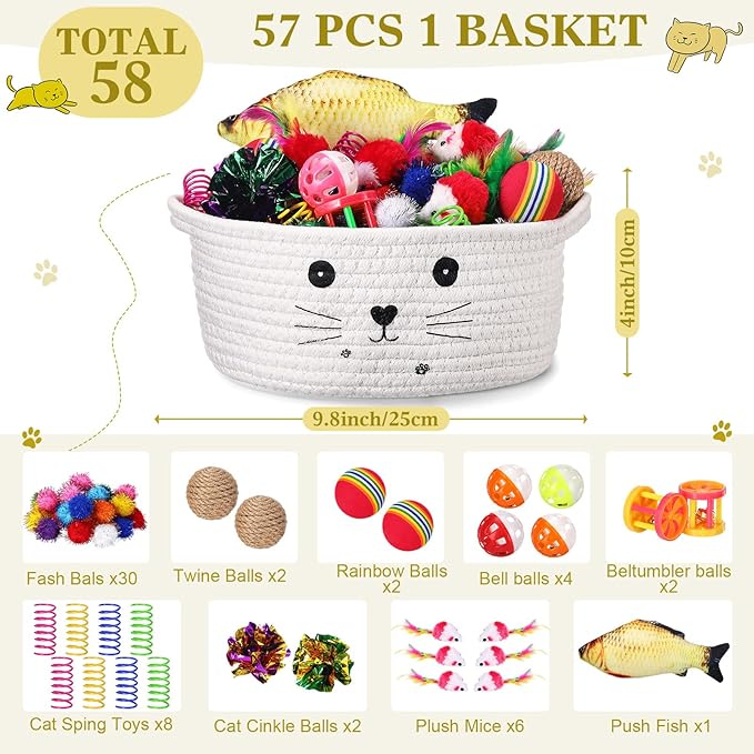 Zopeal 58 Pcs Cat Storage Basket Gift Toys Set, Colorful Flashing Balls Pet Bell Crinkle Balls Spring Toys Attract Cat to Swat, Hunt, Interactive for Pet(White,9.8 Inch)