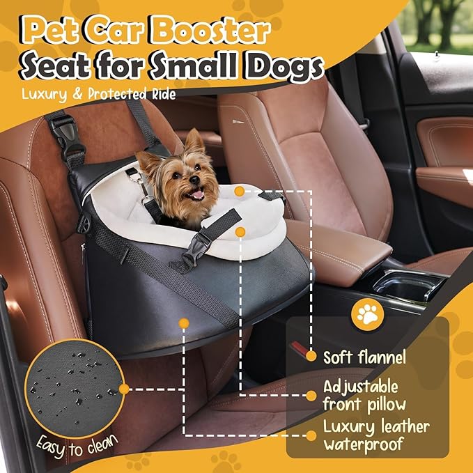 WOYYHO 1-7 lbs Tiny Dog Car Seat for Teacup Yorkie Luxury PU Leather Dog Booster Seat for Small Animals Cats Bunny Lizard Guinea Pigs with Safety Belt, Soft Flannel Lining, Adjustable Height