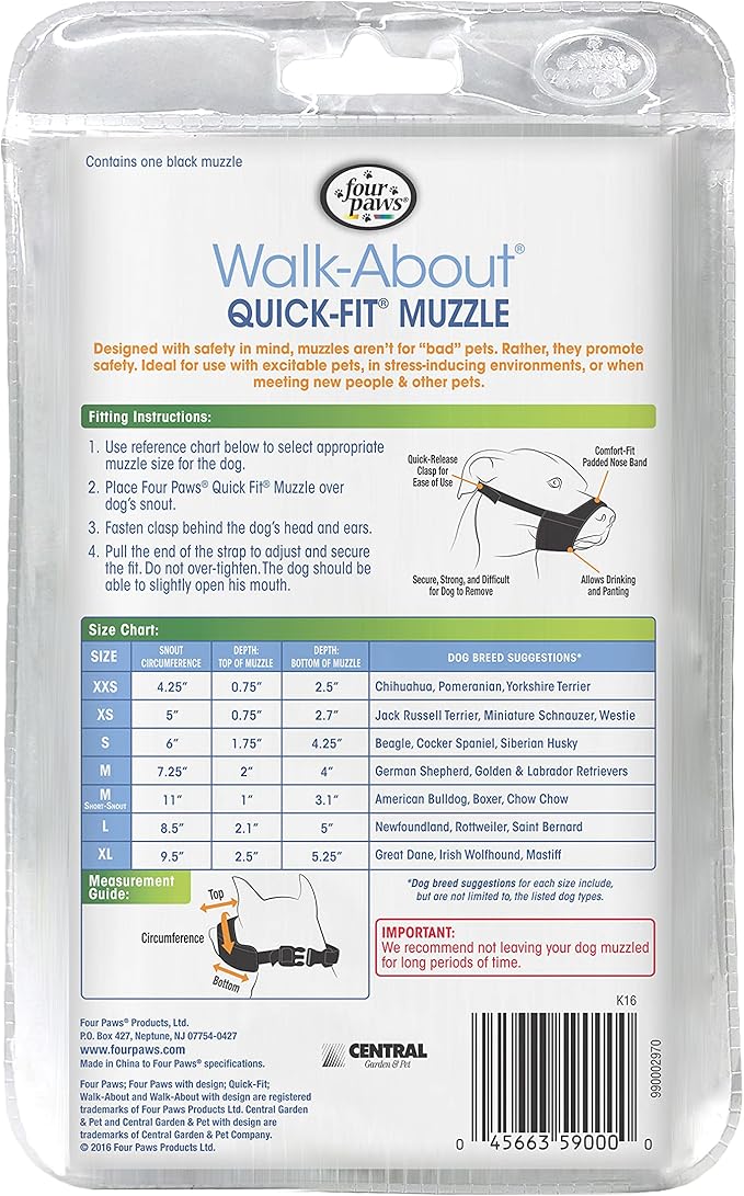 Four Paws Walk-About Quick-Fit Adjustable Dog Muzzle for Large Dogs, Washable & Breathable, Black, 1 Count
