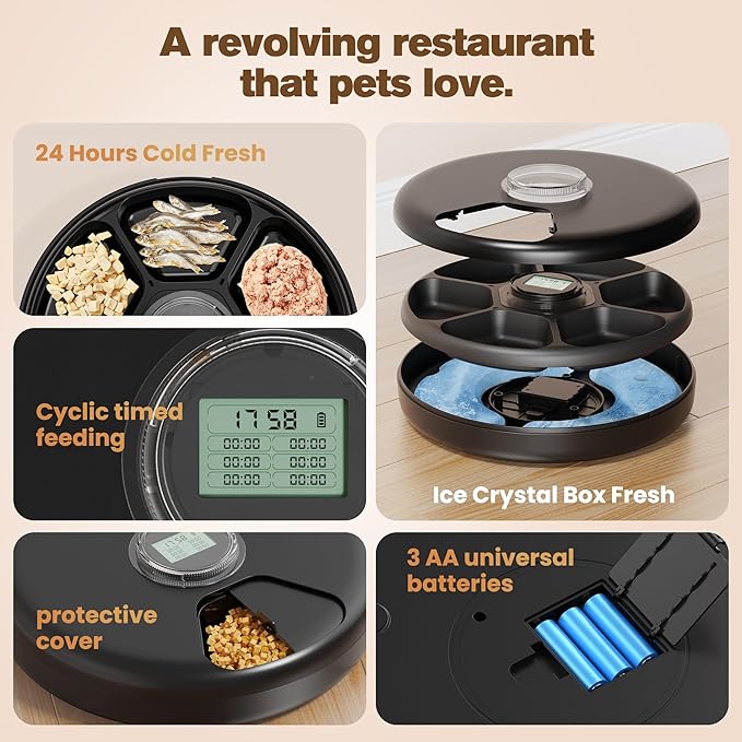 Automatic Cat Feeder Wet Food: Cordless Dog Foods Dispenser - Small Pet Fresh Food Refrigerated Container with 2 Ice Packs - Programmable Timer AA Battery Powered Kitten Feeding - 6 Meals Per Day