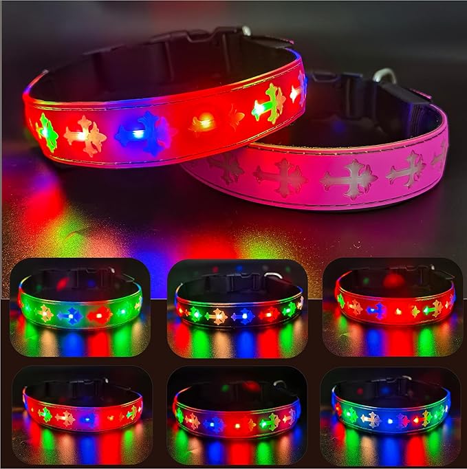 LED Dog Collar, USB Rechargeable, 15 Light Modes, Multi-Color Cross Pattern (Pink Pro, L(15.7-19.7"))