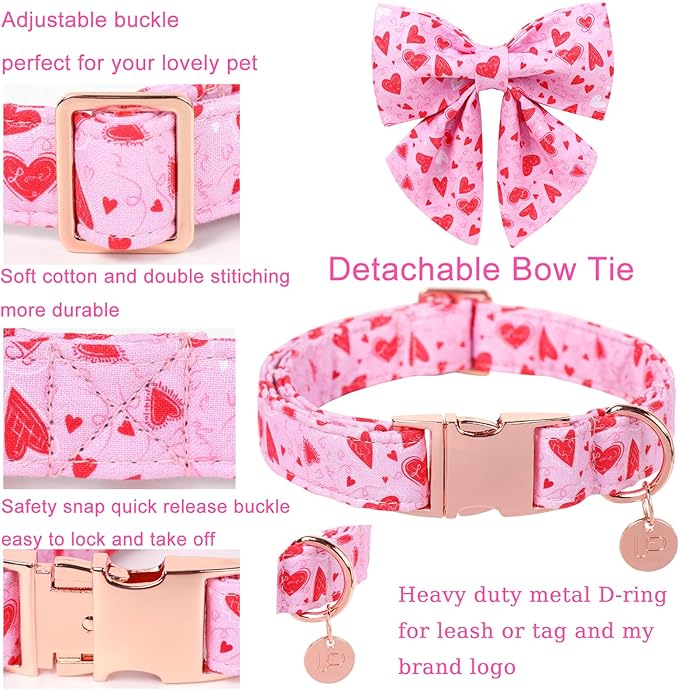 Valentine’s Dog Collar with Bow Tie, Pink Heart Bowtie Collar with Metal Buckle, Valentine’s Gift Pet Collar for Puppy Girl Boy Dog or Cat, Wedding Dog Collar, S