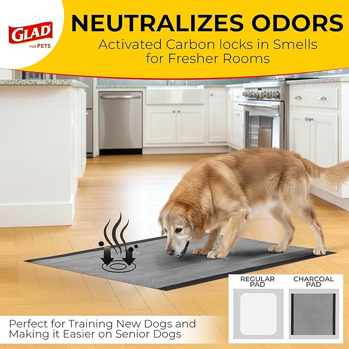 Glad for Pets JUMBO-SIZE Charcoal Puppy Pads, All-in-One | Black Training Pads That ABSORB & Neutralize Urine Instantly | New & Improved Quality Puppy Pee Pads, 30 Count - 6 Pack