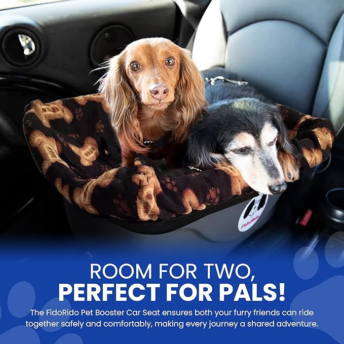 FidoRido Dog Car Seat - Pet Booster Seat for Small to Large Dogs with Comfortable Cushions, Sherpa Cover, and Safety Straps, Easy to Install, Ideal for Travel, Black with Tan Bones - Small Harness