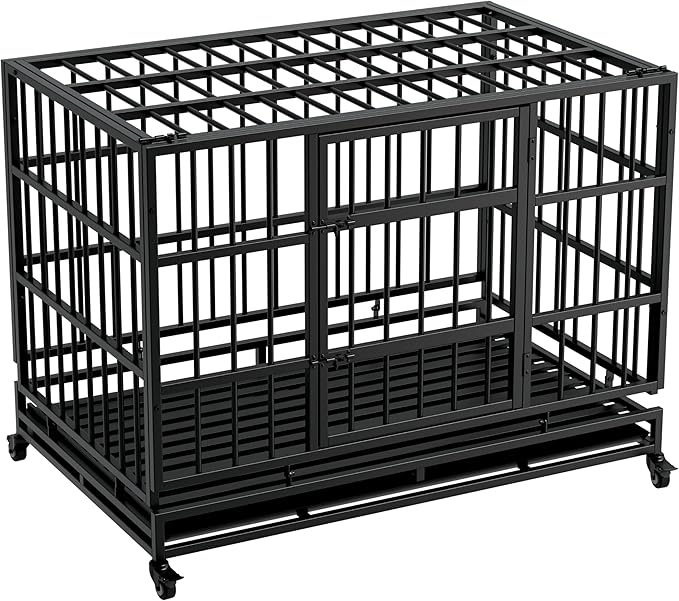 Indestructible Folding Dog Crate with Wheels, 48 Inch Heavy Duty Escape Proof Collapsible Metal Dog Kennel Cage for Large and Medium Dogs, High Anxiety Pet Crate with 2 Door and Removable Tray