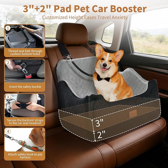 XEEP 2-in-1 Dog Car Seat for Medium/Large Dogs Up to 55 lbs – Dual-Use Booster Seat with Memory Foam, 2 Safety Leashes 2 Height-Adjust Cushions Bonus Urine Pad & Blanket, Removable Washable Cover Grey