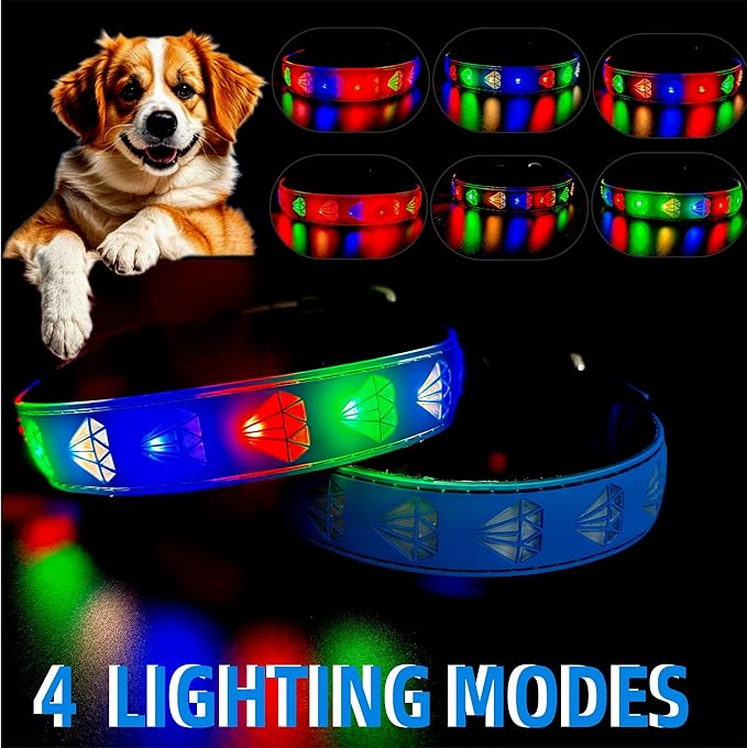 LED Dog Collar with Diamond Pattern, 15 Light Modes, with Bonus Pet ID Tag and Bell (BLUE Pro, M(11.8-15.7"))