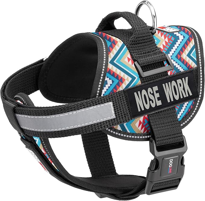 Dogline Unimax Dog Harness Vest with Nose Work Patches Reflective No-Pull, Adjustable Straps, Breathable Neoprene for Medical, Service, Identification and Training Dogs Girth 28 to 38" Aztec
