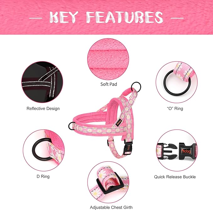 Didog No Pull Dog Harness with Soft Padded, Easy Walk Dog Harness with Quick Release Buckle, Adjustable & Reflective Pet Harness with Soft Padded for Medium Dogs (M:Chest 22-26", Pink)