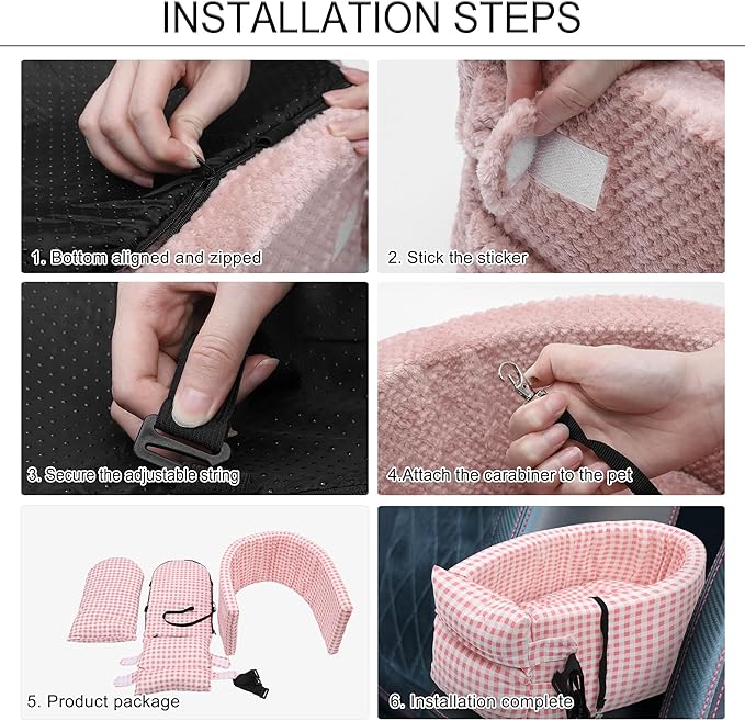 X AUTOHAUX Plaid Style Dog Car Seat Adjustable Straps for Medium Small Sized Puppy Cat Seat Pets Soft Non Slip Bottom Travel Bed Pink White