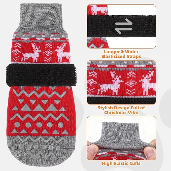 KOOLTAIL Dog Socks to Prevent Licking Paws, Dog Christmas Outfit Shoes for Winter Snow Pavement, Warm Fleece Pet Boots & Paw Protector for Hardwood Floors Anti Slip, Small Medium Large Size, Red L