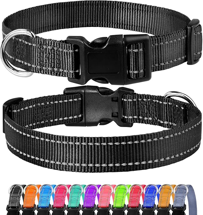 FunTags Reflective Dog Collar, Sturdy Nylon Collars for Large Girl and Boy Dogs, Adjustable Dog Collar with Quick Release Buckle, Black