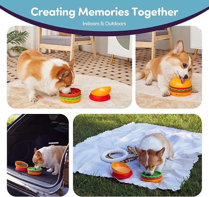 Slow Feeder Dog Bowl for Small & Medium Dogs – Hamburger Design with Spiral Slow Feeder & Reversible Lick Mat | Non-Slip, Dishwasher Safe & Easy to Clean