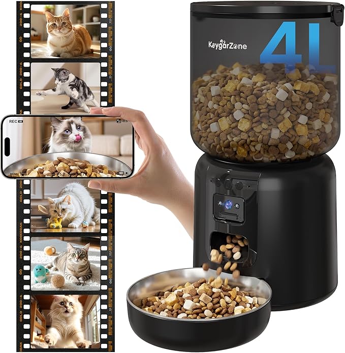 Automatic Cat Feeder with 1080p HD Camera, Automatic Dog Feeder with App Control via 2.4G/5G WiFi, Dual Power System & Voice Recording, 4L Food Dispenser for Cats and Small Dogs, Black