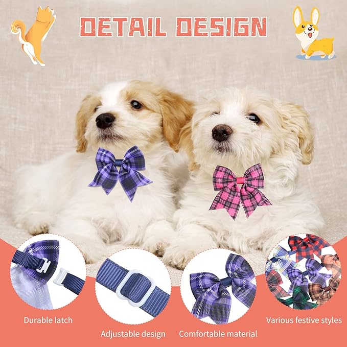 Wesiti 80 Pcs Dog Bows Ties for Small Dogs Assorted Pattern Pet Bowtie Collar Bows Cat Bowtie Collar Bowknot for Small Medium Puppy Pet Photography Grooming Party(Plaid Bowknot)