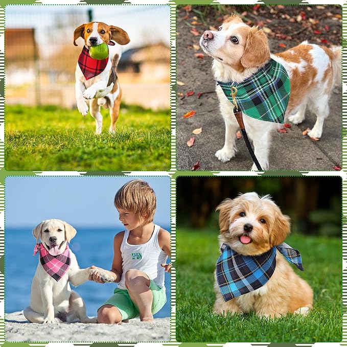 Amylove 120 Pcs Dog Bandanas Bulk Holiday Triangle Dog Pack Puppy Kerchief Bandana Adjustable Pet Scarf for Pet Cat Costume Accessories Decor(Plaid)