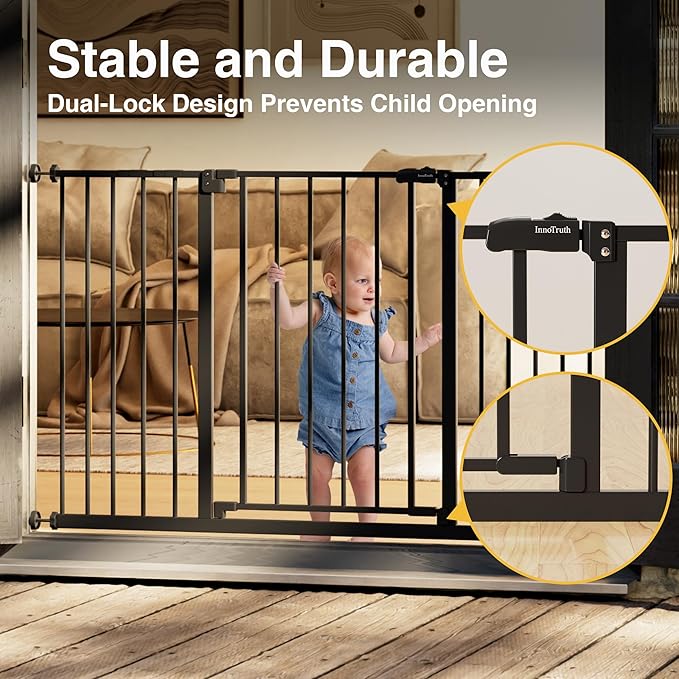 InnoTruth 29.5–49.75" Extra Wide Baby Gate for Stairs, 30" Tall Walk Through Dog Gate for Stairs & Doorways, Pressure-Mounted Safety Gate for Pets & Kids, Dual Lock & 2-Way Swing, Black