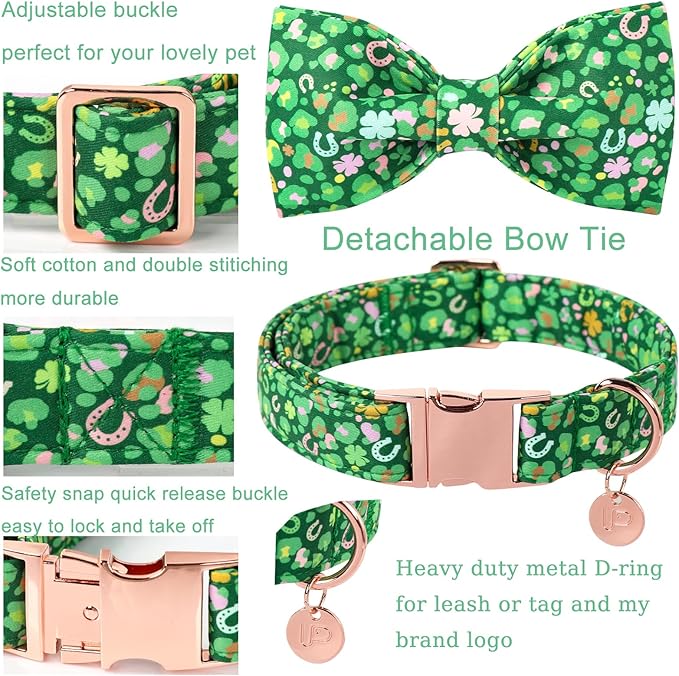 St. Patrick's Day Dog Collar with Bow Tie, Spring Shamrock Bowtie Collar for Girl Boy Dog, Lucky Clover Dogs Collars with Metal Buckle, Green Collars for Dogs, S, Neck 10-16in