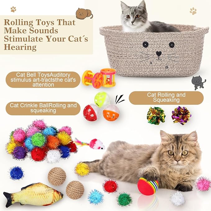 Zopeal 58 Pcs Cat Storage Basket Gift Toys Set, Colorful Flashing Balls Pet Bell Crinkle Balls Spring Toys Attract Cat to Swat, Hunt, Interactive for Pet(Dark Brown,12 Inch)