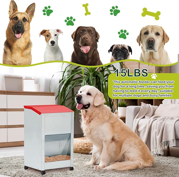 15 lb Automatic Dog Feeder for Large Breed with Wheels Galvanized Gravity Dog Food Dispenser Outdoor Pet Self Feeding, Easy to Move with Rolling Wheels