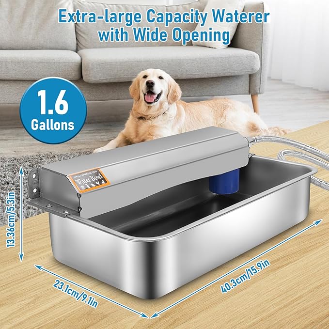 Automatic Dog Water Dispenser, 1.6 Gallon Large Capacity Stainless Steel Dog Water Bowl, Wall Mounted Auto Fill Waterer Feeder for Indoor Outdoor