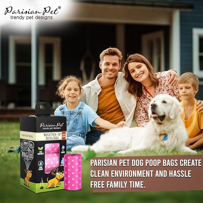 Parisian Pet Ecofriendly Dog Poop Bags Rolls - 160 Count Unscented Poop Bags For Dogs - Leakproof, Extra Thick, 8 Dog Waste Bags Refill Rolls - Polka Dot Pink Doggie Poop Bags - Fits All Dispenser