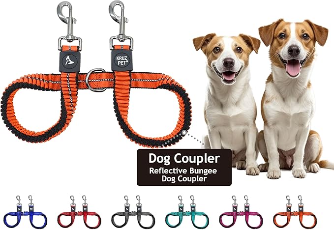 Kruz Double Dog Leash for Two Dogs (Width - 5/8”, Length 14”-27”) Dual Leash Coupler with Tangle-Free Swivel, Shock-Absorbing Reflective Bungee for Comfortable Walking & Training (Orange, Small)