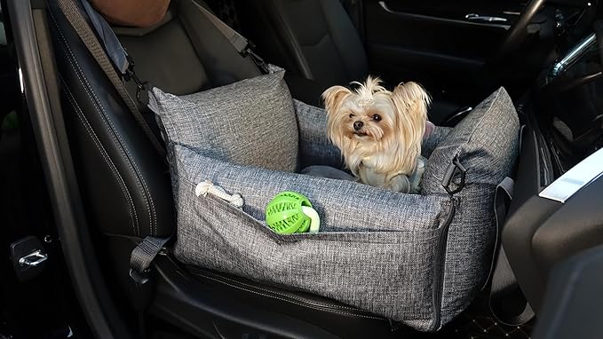 Dog Car Seat for Small Dogs, Pet Booster Seat with Clip-On Safty Leash, Comfy Deluxe Plush Carseat with Storage Pockets, Puppy Car Travel Carrier Bed, Grey
