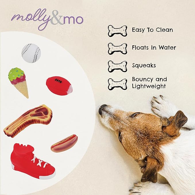 Molly & Mo Squeaky Dog Chew Toy Set with Baseball, Football and Shoe Shapes - Blue