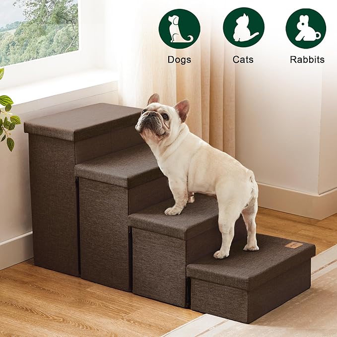 Love's cabin Dog Stairs for Small Medium or Large Dogs with Storage and Adjustable Steps,Foldable Dog Steps for Bed or Couch,4-Step Coffee Folding Cat Pet Ramp with Zip up to 200 lbs,Coffee