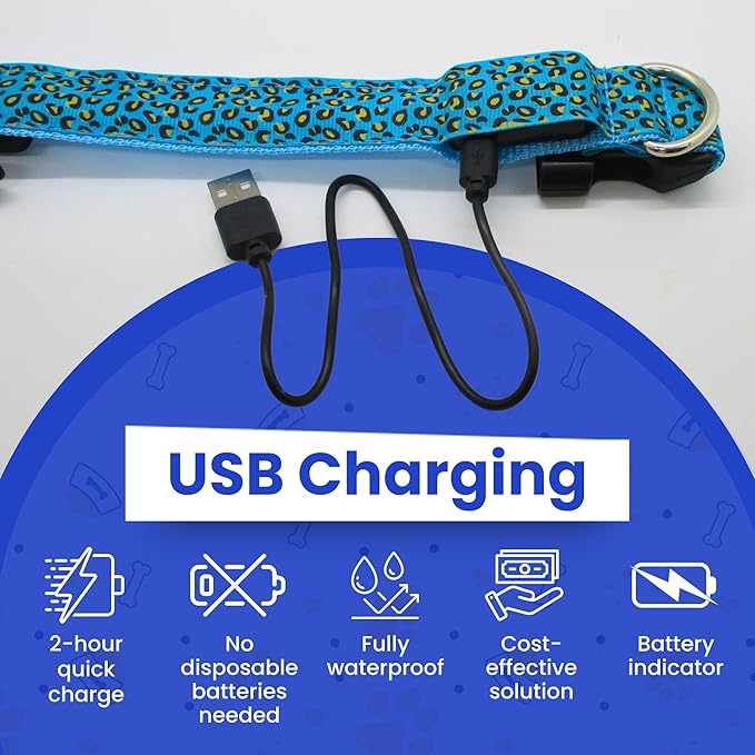 Leopard Dog Collar - Glow in The Dark USB Collar with Rechargeable Battery + Waterproof Design - Light Up Dog Collar - Blue (Large Size)