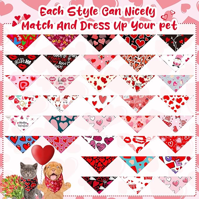 Reginary 72 Packs Valentine's Dog Bandanas Bulk Dog Heart Red Bandanas Valentine Pet Scarf Bibs Triangle Puppy Bibs Adjustable Puppy Scarf for Pet Costume Accessories
