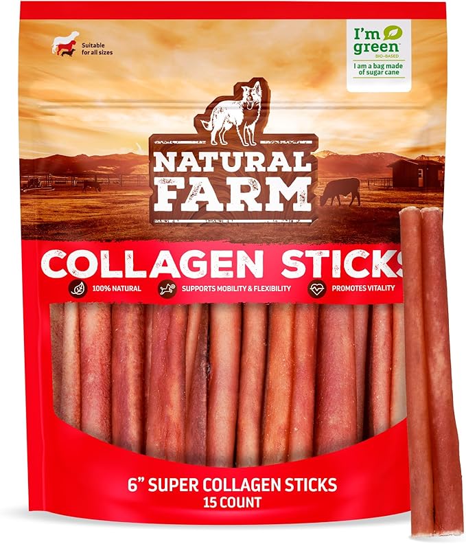 Natural Farm Odor-Free Super Collagen Dog Chews (6-Inch, 15-Pack) The First Ever Real Bull Sticks Alternative: 100% Natural Angus Hide Collagen Treats - More Protein, More Chew Time for All Dogs