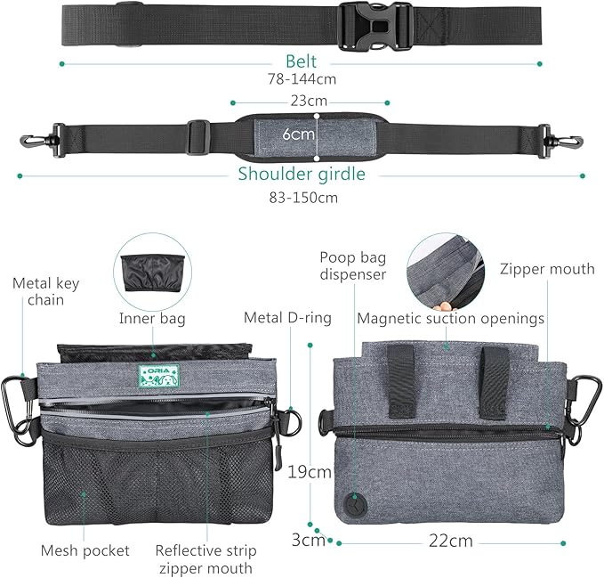 ORIA Dog Treat Training Pouch, Pet Out Training Belt Bag, Dog Food Bag with Removable Inner Pocket, Built-in Poop Bag Dispenser, Dog Training Bag, Gray