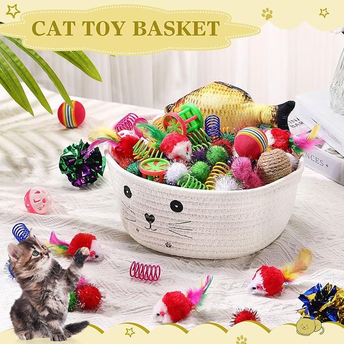 Zopeal 58 Pcs Cat Storage Basket Gift Toys Set, Colorful Flashing Balls Pet Bell Crinkle Balls Spring Toys Attract Cat to Swat, Hunt, Interactive for Pet(White,9.8 Inch)