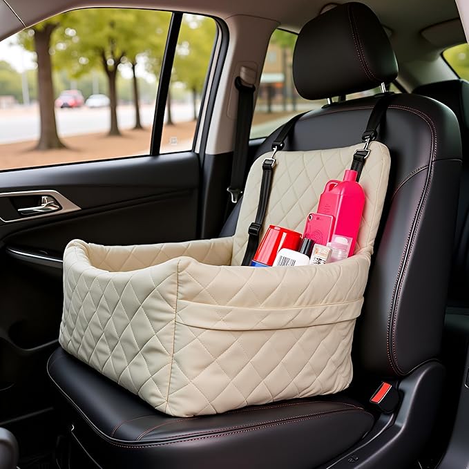 Dog Car Seats for Small Dogs, Memory Foam Dog Car Seat Medium Sized Dogs, Pet Cars Seats for Under 35lbs, Detachable Washable Pet Bag with Storage Pockets & 2 Safety Belts, Easy to Install (Grey)