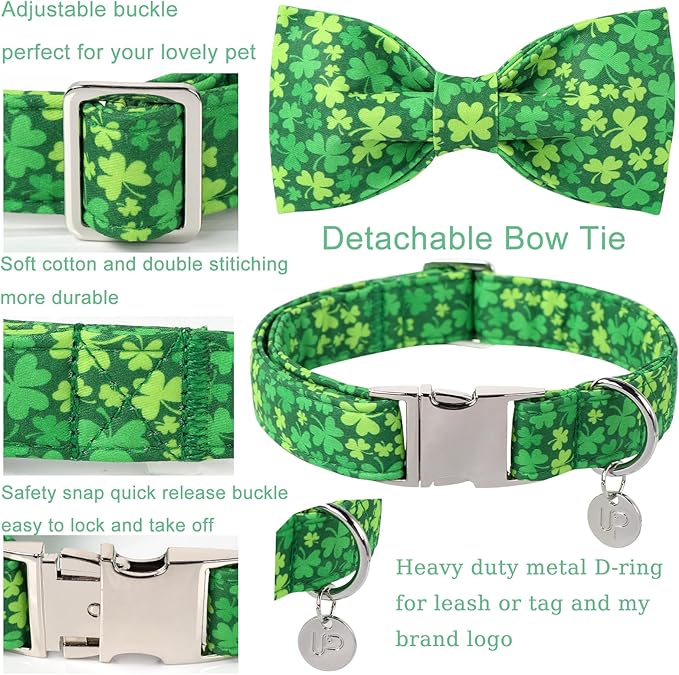 St. Patrick's Day Dog Collar with Bow Tie, Lucky Shamrock Bowtie Collar Adjustable for Girl Boy Dog, Trefoil Dogs Collars Durable, Spring Green Collars for Dogs, XS, Neck 8-12in