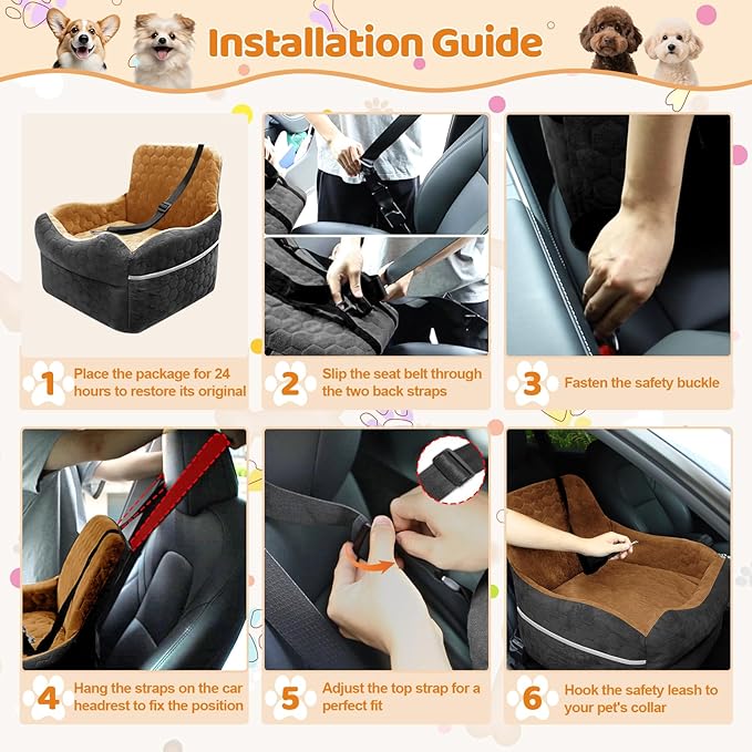 Dog Car Seat for Small/Medium Dogs - Puppy Car Seat Under 35 lbs with Thick Elevated Cushion & Safety Belt for Travel - Detachable & Washable Dog Booster Seat with 2 Sides Storage Pockets(Black/Brown)