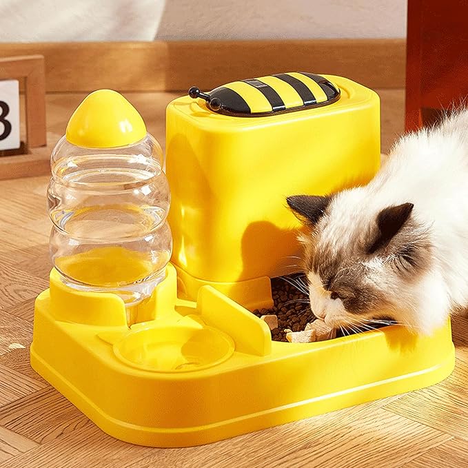 Mangeoirs Et Abreuvoirs Pour Chats, 2 in 1 Bee/Cactus Pets Water and Food Bowl Set, Gamelle Chat, Large Capacity Automatic Cat Feeders Gravity Food Feeder and Waterer Set for Dogs Cats (Green)