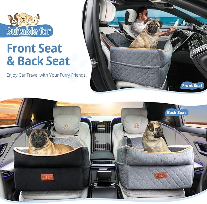 Dog Car Seat for Small Medium Dogs, Memory Foam Dog Booster Car Seat for Pets Under 35 lbs, Anti-Slip Pet Carseat with 2 Adjustable Leashes, Elevated Dog Travel Bed with Storage Pockets